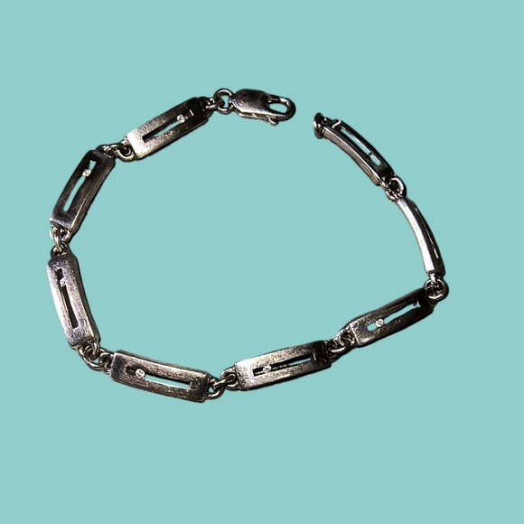 Sterling Silver Rectangle Link Bracelet With Clear Stone Accents - Picture 1 of 9